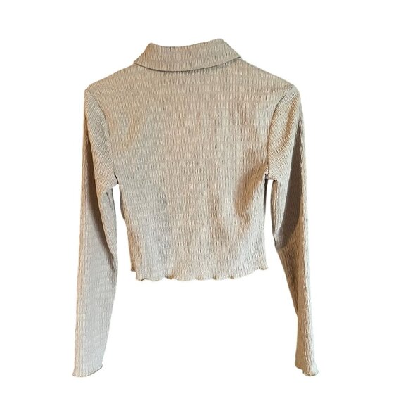 Elodie Womens XS Beige Textured Button-Up Cropped Long Sleeve Blouse With Collar - Picture 3 of 6